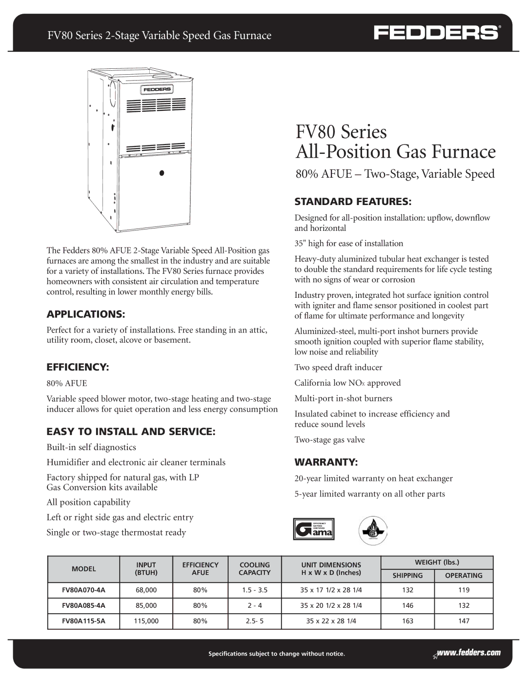 Fedders FV80 Series warranty Model Input Efficiency Cooling Unit Dimensions, Btuh Afue Capacity 