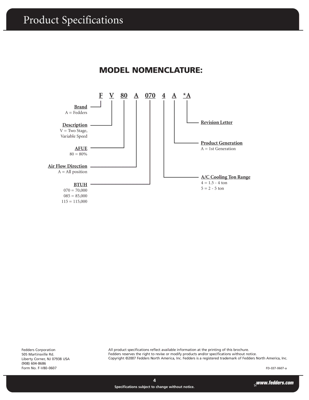 Fedders FV80 Series warranty Model Nomenclature 