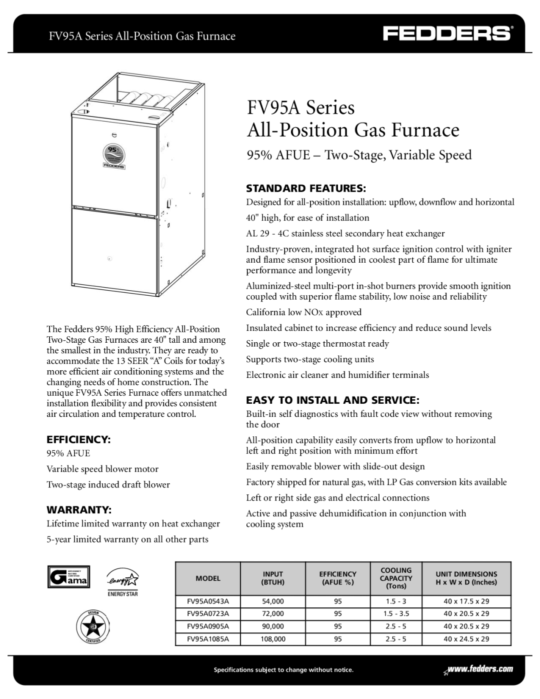 Fedders FV95A Series warranty Input Efficiency Cooling Unit Dimensions, Afue % 