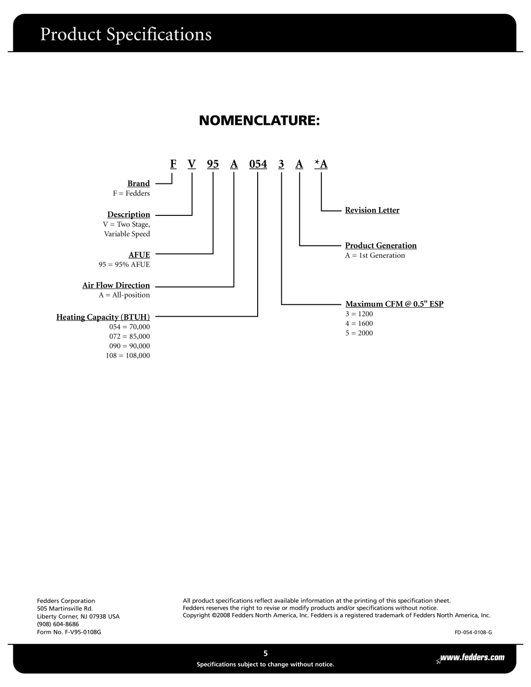 Fedders FV95A Series warranty Nomenclature 