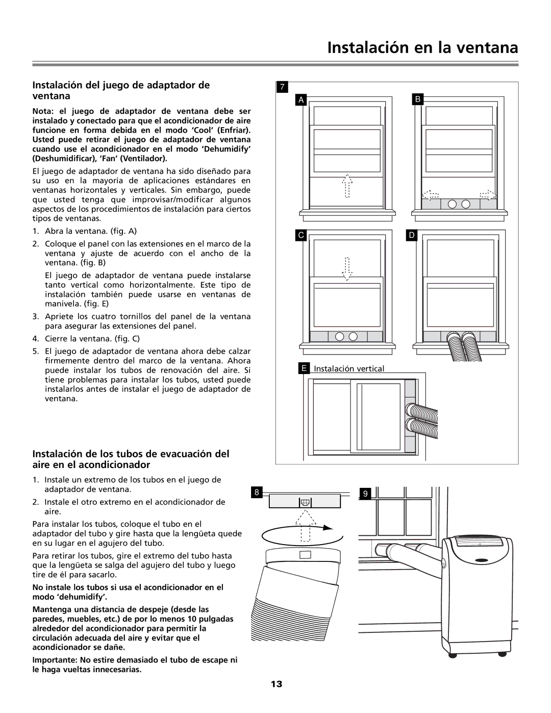 Fedders Portable Dehumidifier Instalación en la ventana, Instalación del juego de adaptador de Ventana 