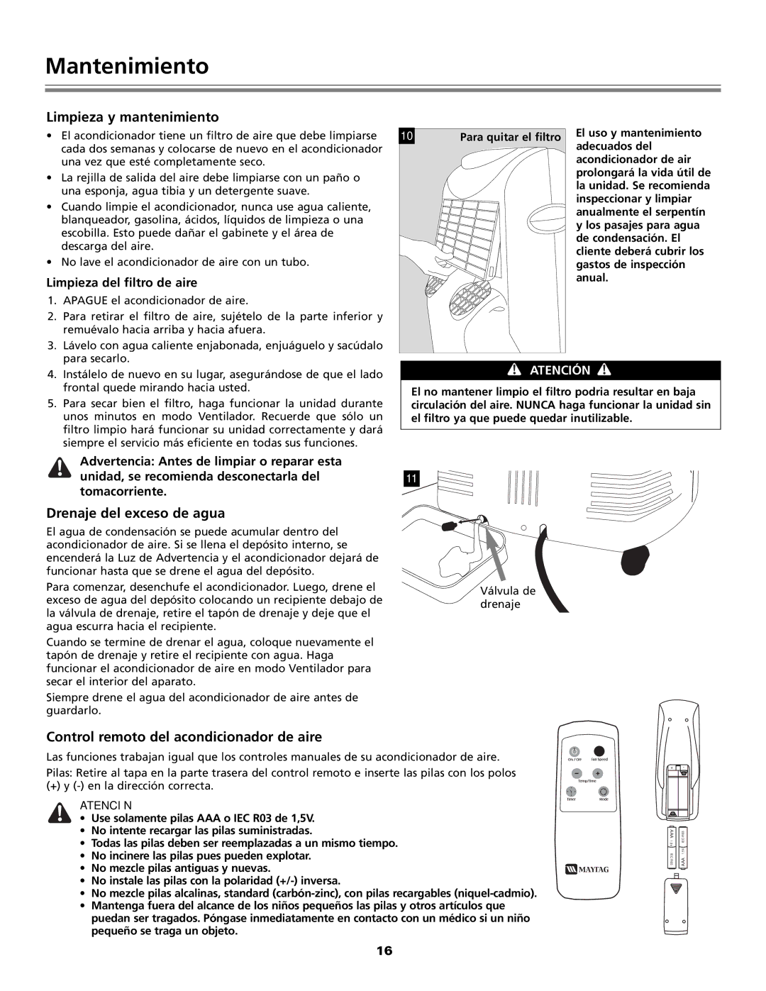 Fedders Portable Dehumidifier Mantenimiento, Limpieza y mantenimiento, Drenaje del exceso de agua 