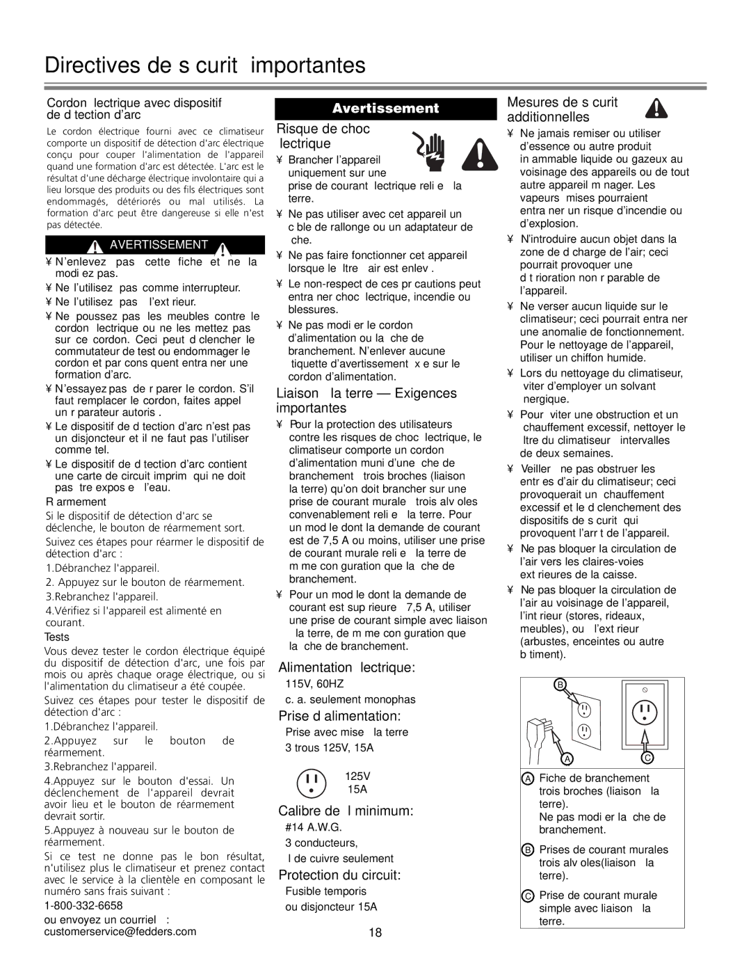 Fedders Portable Dehumidifier important safety instructions Directives de sécurité importantes 