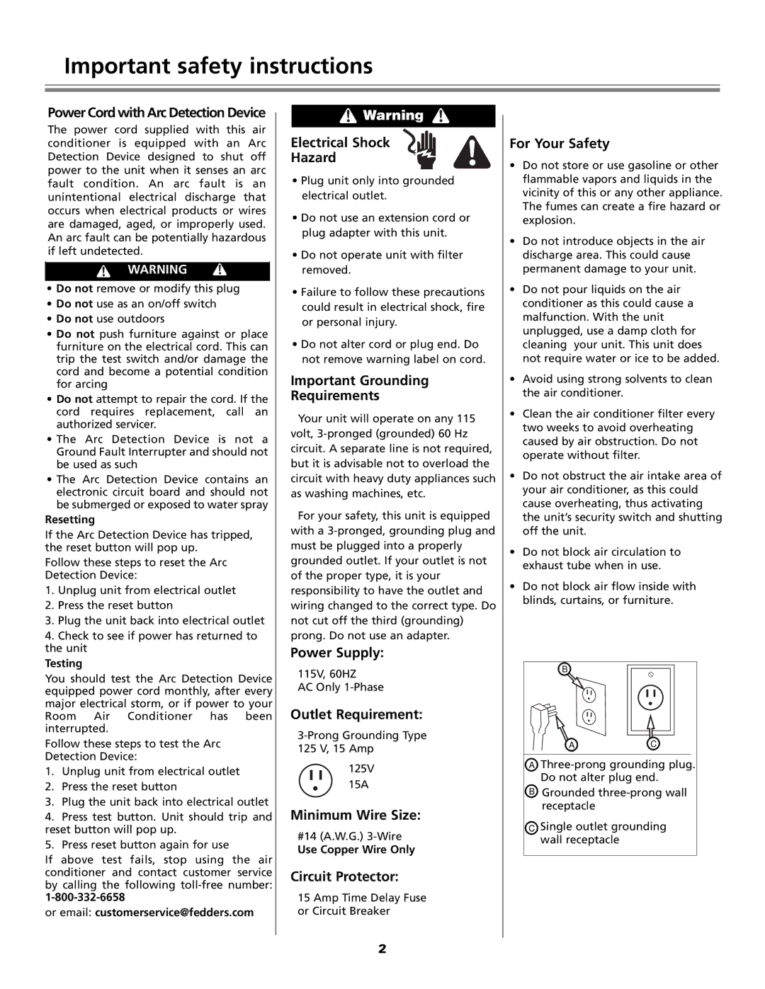 Fedders Portable Dehumidifier important safety instructions Important safety instructions 