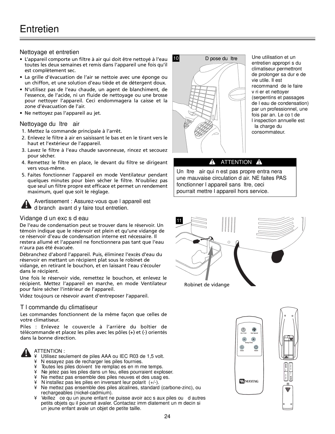 Fedders Portable Dehumidifier Entretien, Nettoyage et entretien, Nettoyage du ﬁltre à air, Vidange d’un excès d’eau 