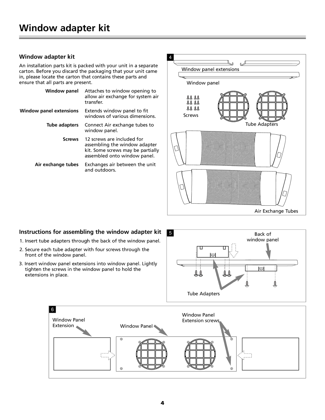 Fedders Portable Dehumidifier Window adapter kit, Instructions for assembling the window adapter kit 