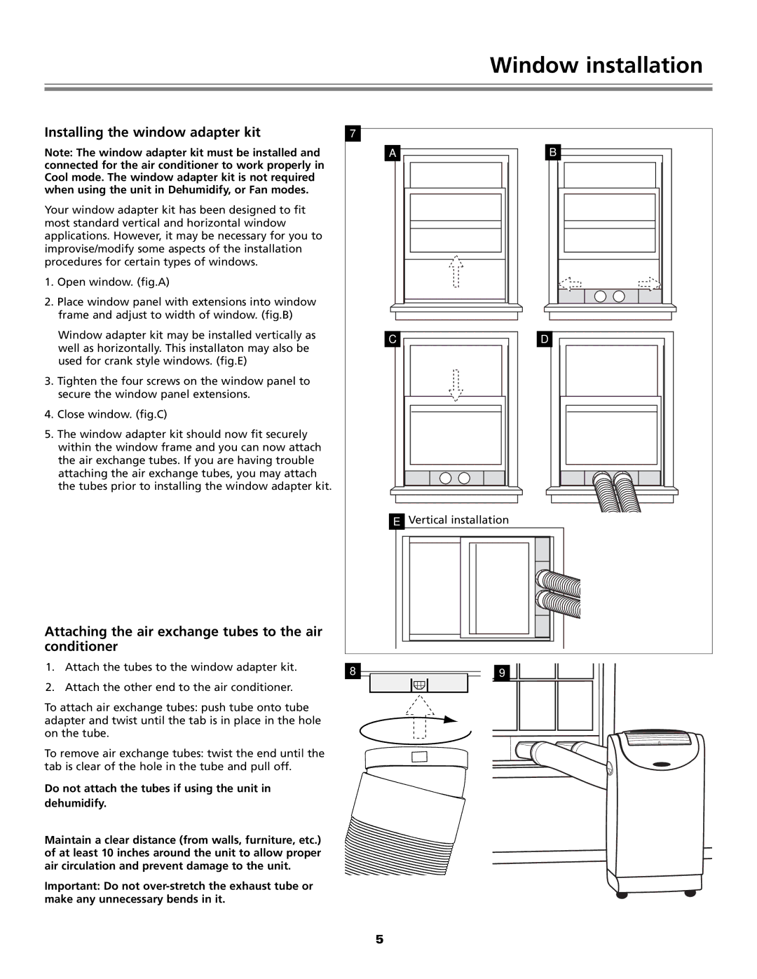 Fedders Portable Dehumidifier important safety instructions Window installation, Installing the window adapter kit 