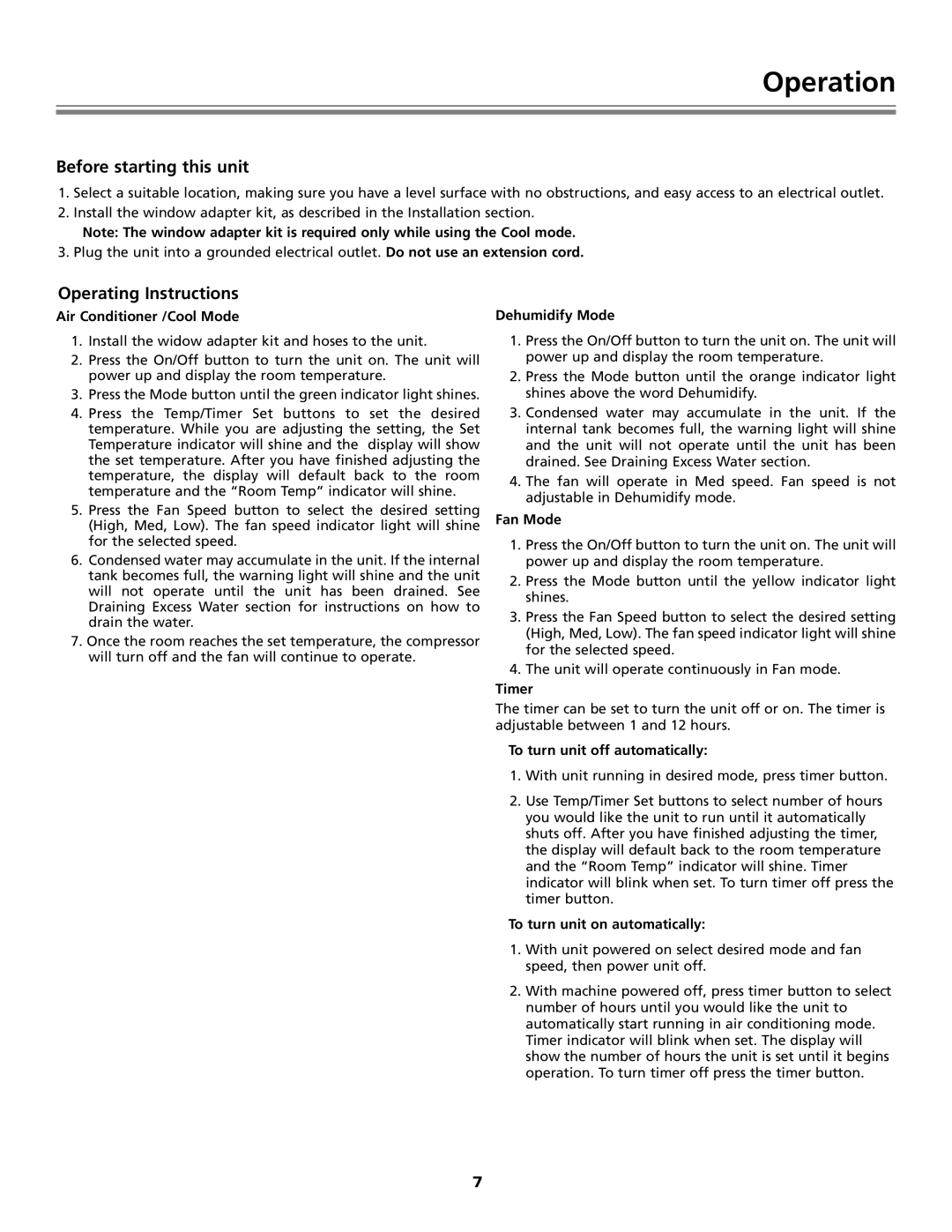 Fedders Portable Dehumidifier important safety instructions Operation, Before starting this unit, Operating Instructions 