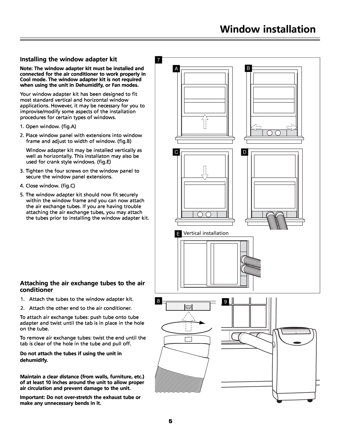 Fedders Portable Dehumidifier Window installation, Installing the window adapter kit, E Vertical installation 