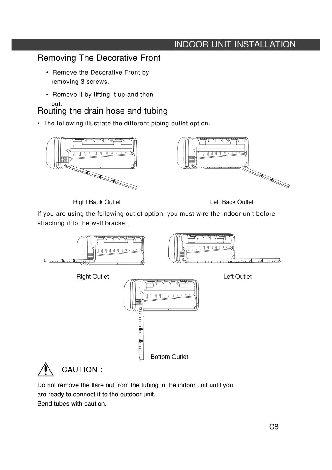 Fedders R407C service manual Removing The Decorative Front, Routing the drain hose and tubing 