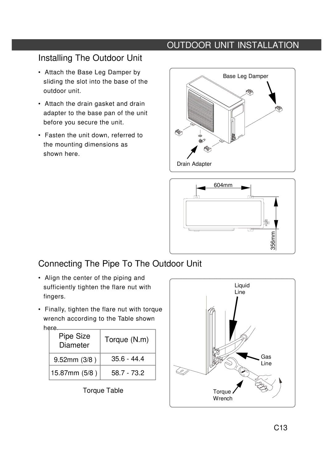 Fedders R407C service manual Installing The Outdoor Unit, Connecting The Pipe To The Outdoor Unit 