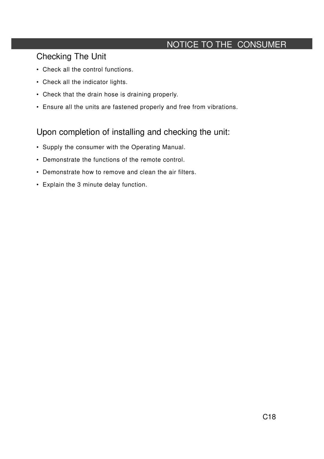 Fedders R407C service manual Checking The Unit, Upon completion of installing and checking the unit 