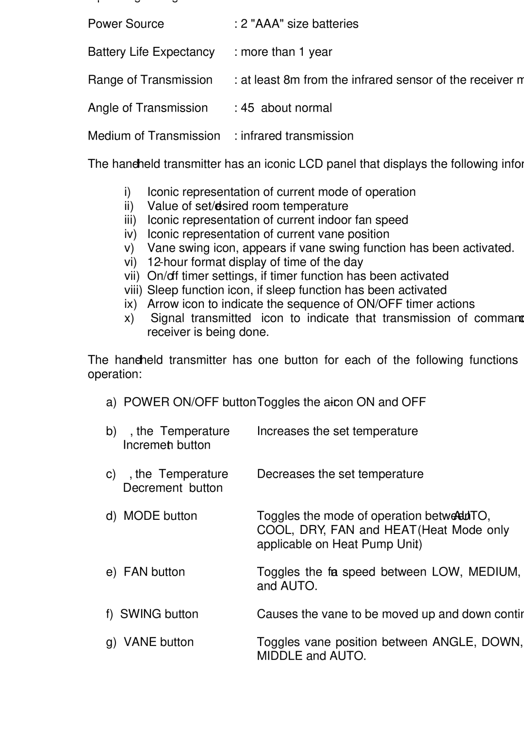 Fedders R407C service manual II. Hand-held Transmitter, Applicable on Heat Pump Unit 