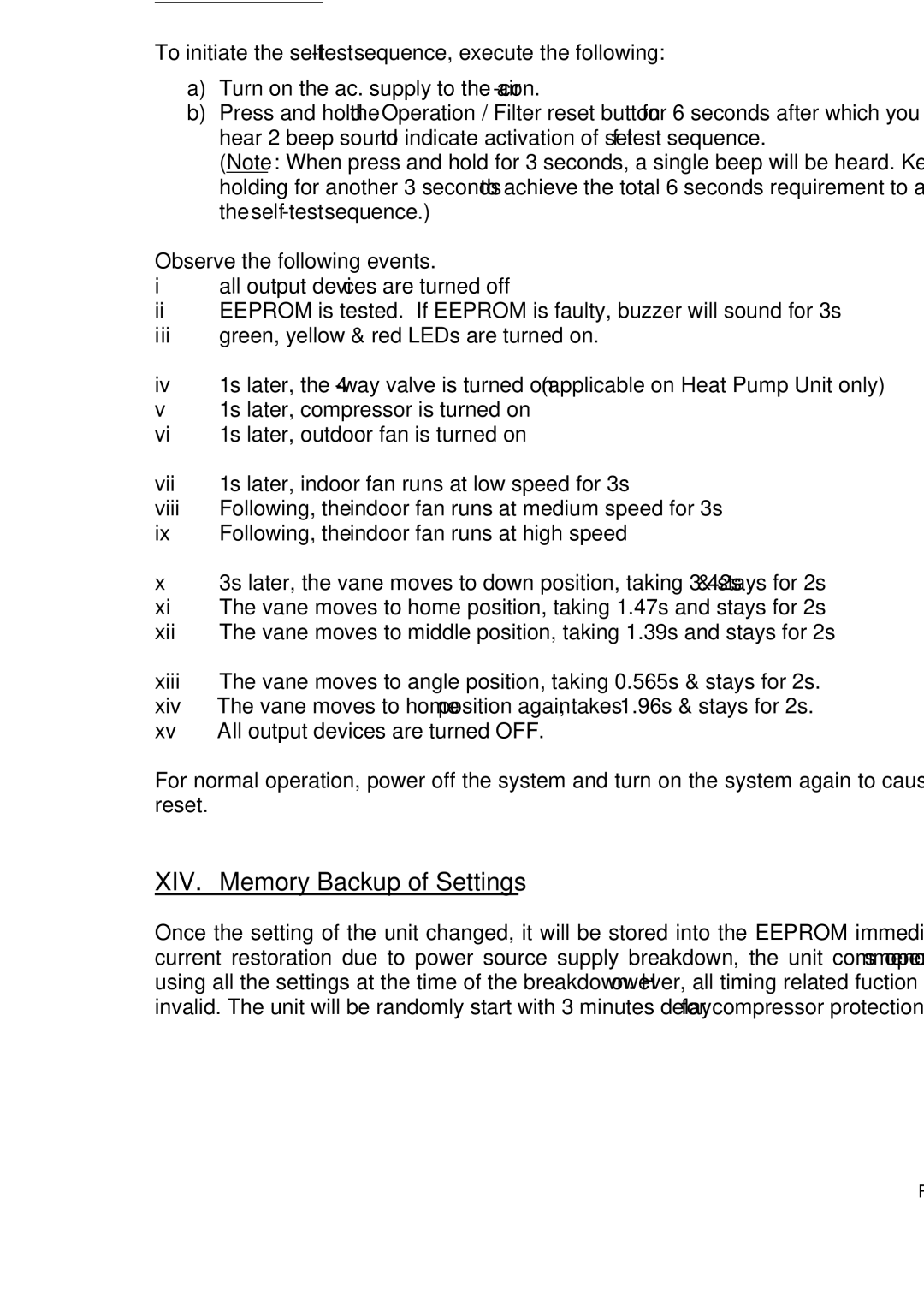 Fedders R407C service manual XIII. Self Test, XIV. Memory Backup of Settings 