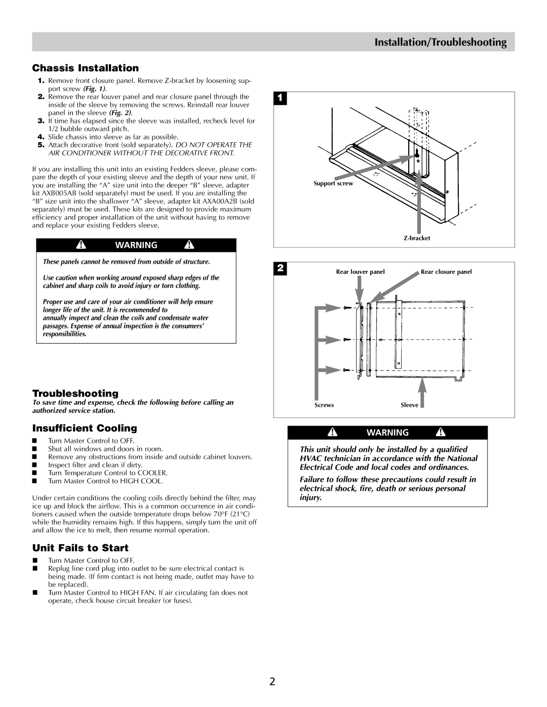 Fedders Room Air Conditioners Installation/Troubleshooting, Chassis Installation, Insufficient Cooling 