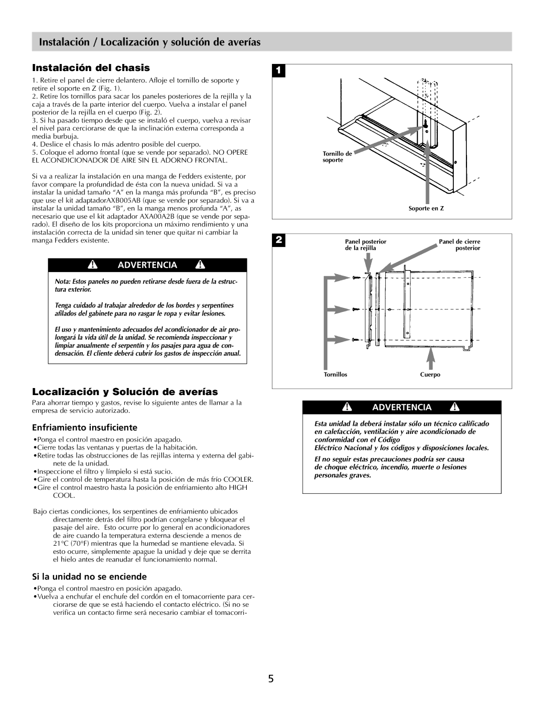 Fedders Room Air Conditioners Instalación / Localización y solución de averías, Instalación del chasis, Advertencia 