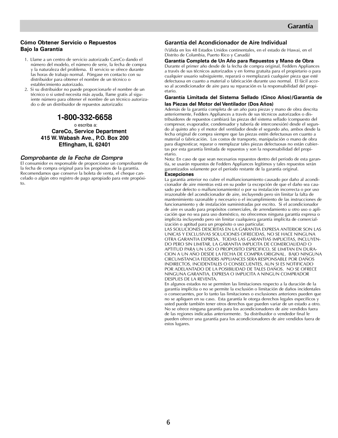 Fedders Room Air Conditioners Cómo Obtener Servicio o Repuestos Bajo la Garantía, Excepciones 