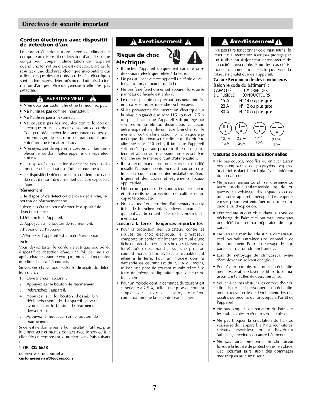 Fedders Room Air Conditioners Directives de sécurité important, Risque de choc électrique, Avertissement 