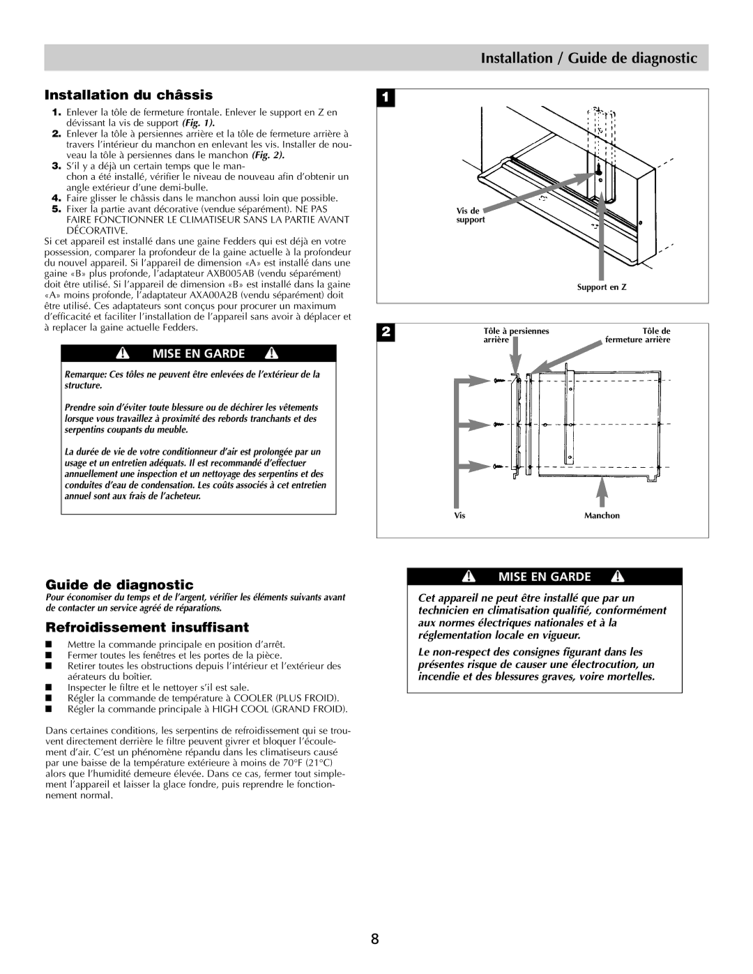 Fedders Room Air Conditioners Installation / Guide de diagnostic, Installation du châssis, Refroidissement insuffisant 