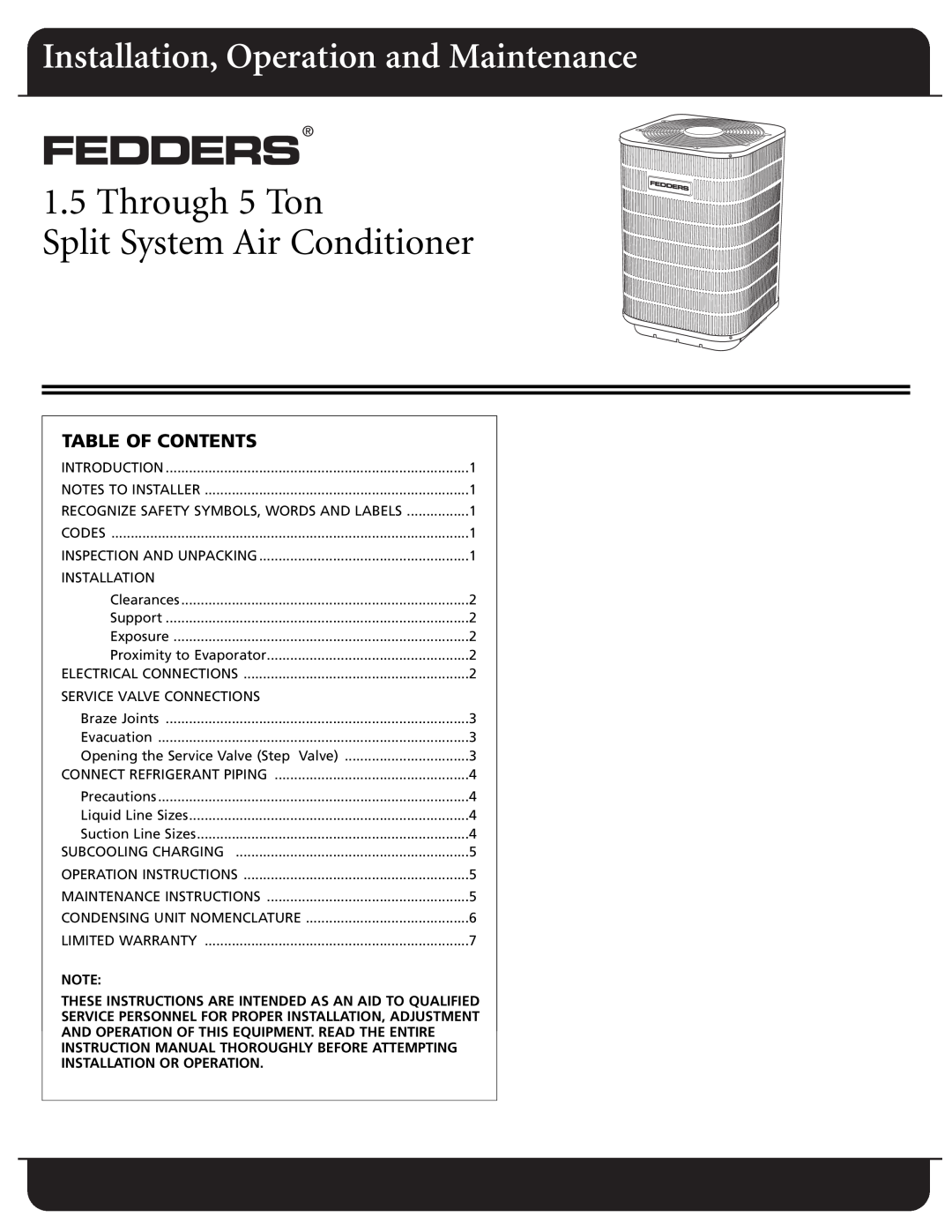 Fedders warranty Table Of Contents, Through 5 Ton Split System Air Conditioner, Installation, Operation and Maintenance 
