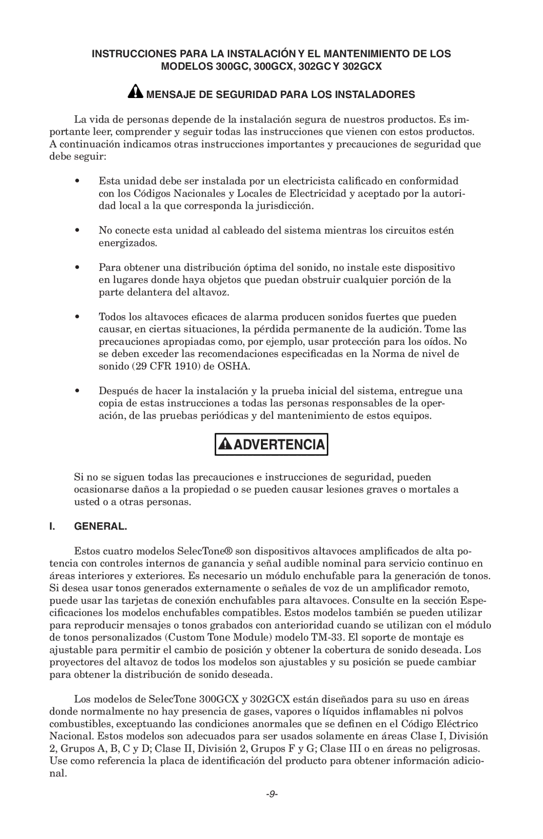 Federal Security Camera 300GCX, 302GC manual Instrucciones Para LA Instalación Y EL Mantenimiento DE LOS, General 