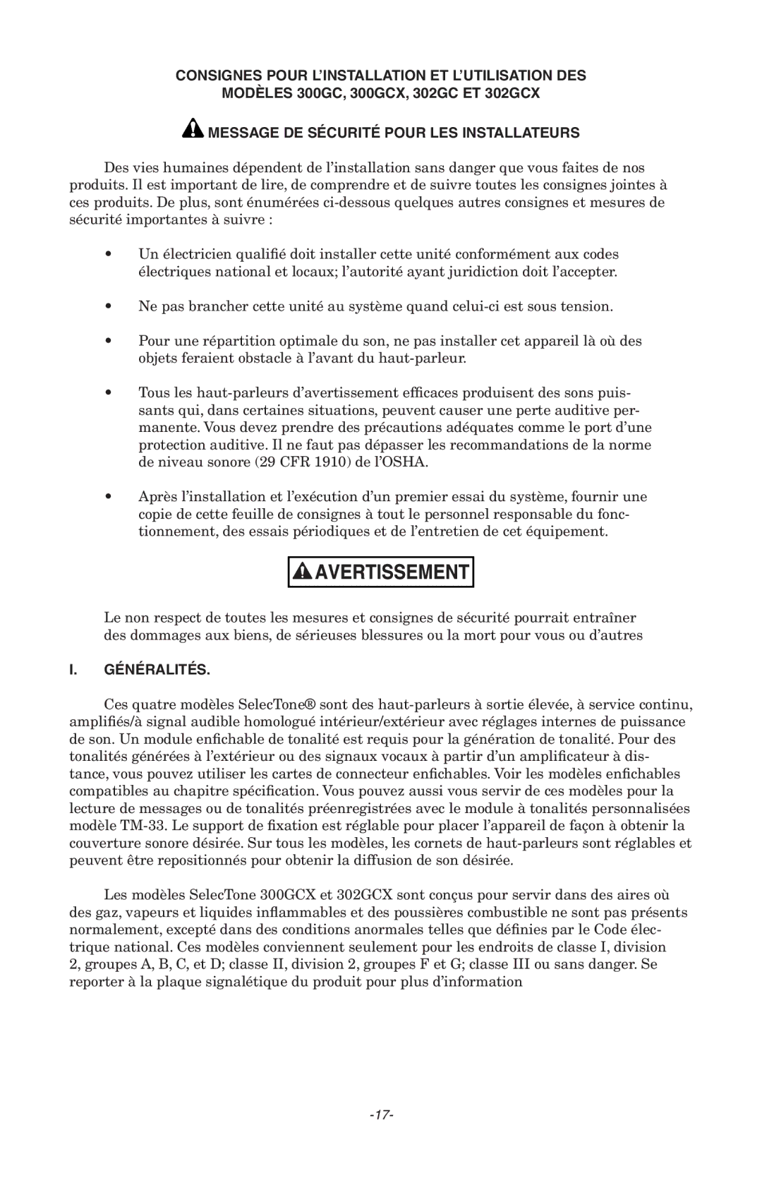 Federal Security Camera 300GCX, 302GC manual Consignes Pour L’INSTALLATION ET L’UTILISATION DES, Généralités 