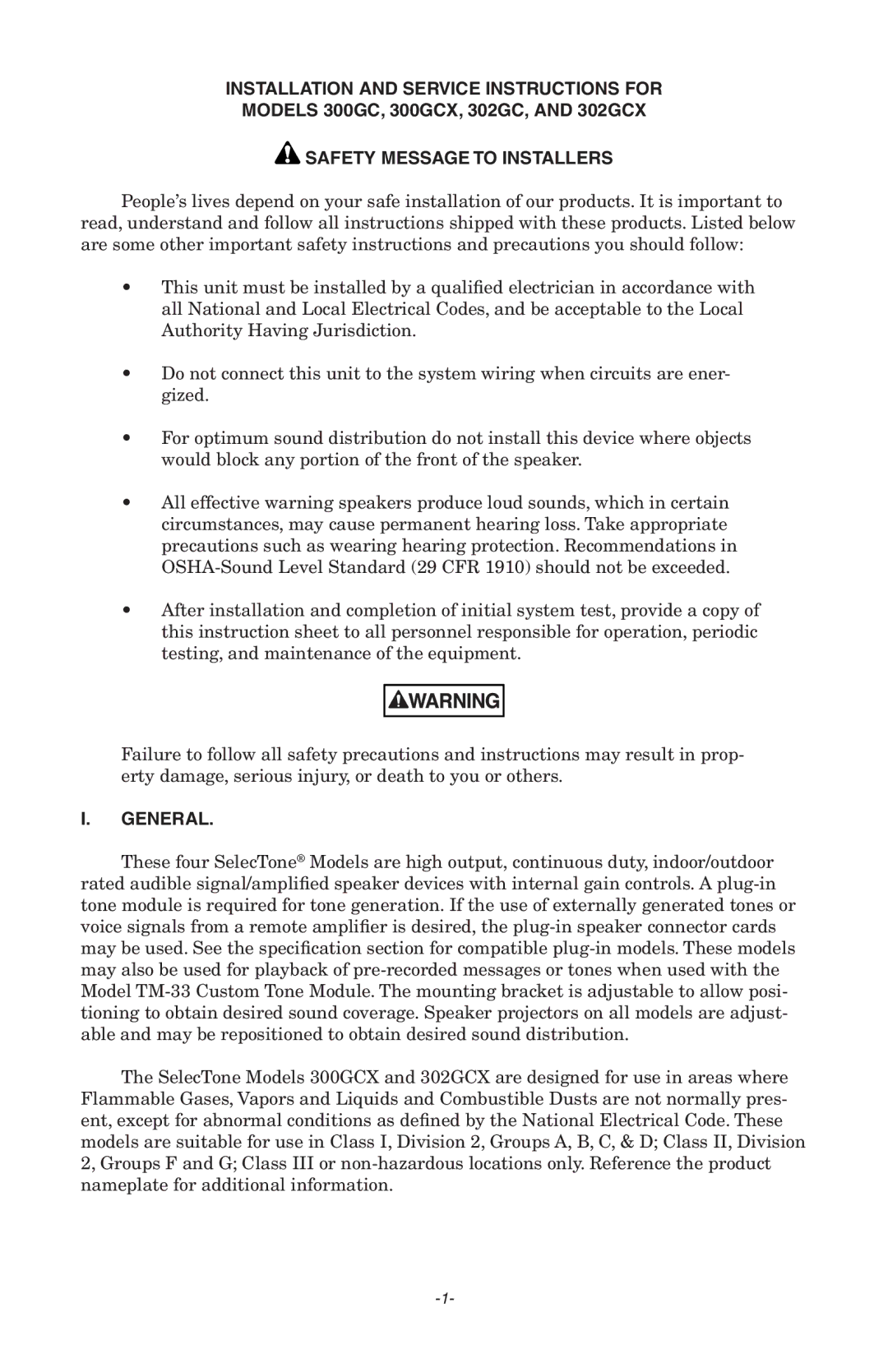 Federal Security Camera 302GC, 300GCX Installation and Service Instructions for, Safety Message to Installers, General 