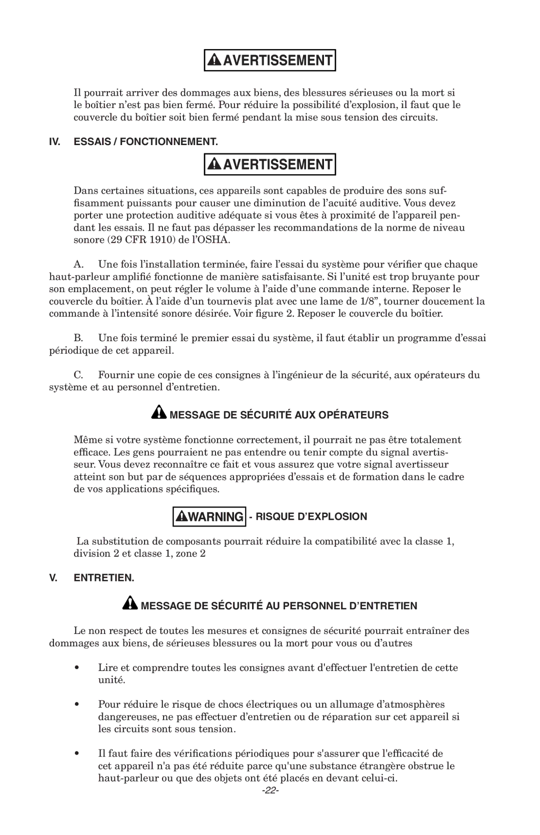 Federal Security Camera 302GC, 300GCX IV. Essais / Fonctionnement, Message DE Sécurité AUX Opérateurs, Risque D’EXPLOSION 