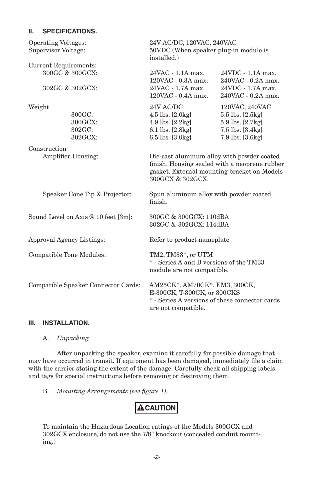 Federal Security Camera 300GCX, 302GC manual II. Specifications, III. Installation 