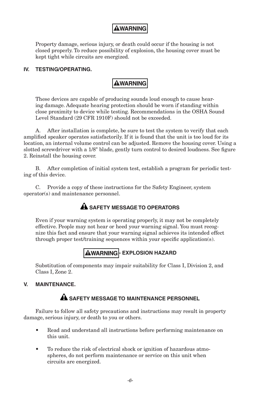 Federal Security Camera 300GCX, 302GC manual Iv. Testing/Operating, Safety Message to Operators, Explosion Hazard 