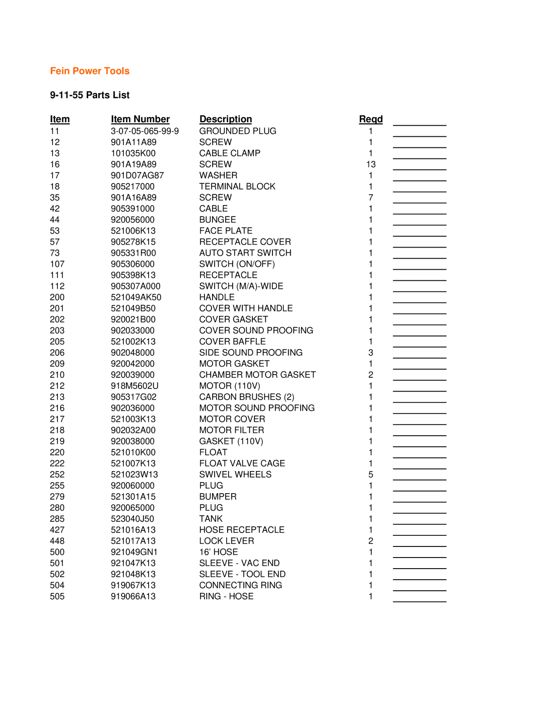 FEIN Power Tools 9-11-55 warranty Fein Power Tools, Parts List Item Number Description Reqd 