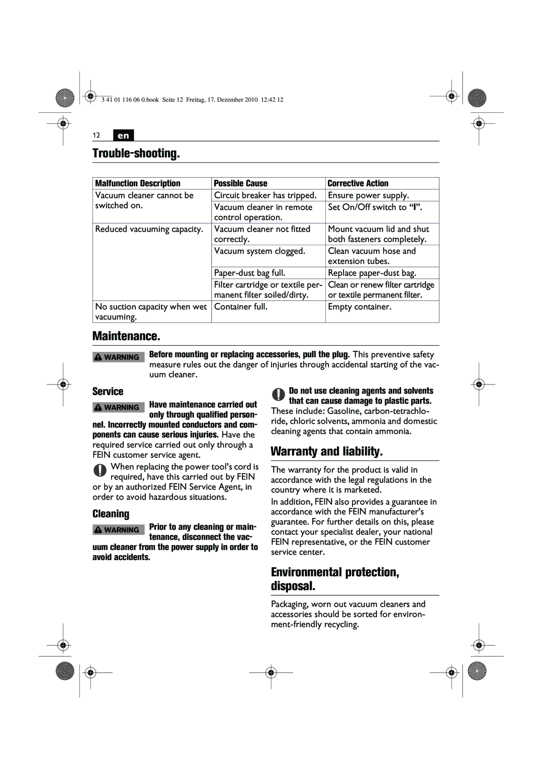 FEIN Power Tools 9 20 24 manual Trouble-shooting, Maintenance, Warranty and liability, Environmental protection, disposal 