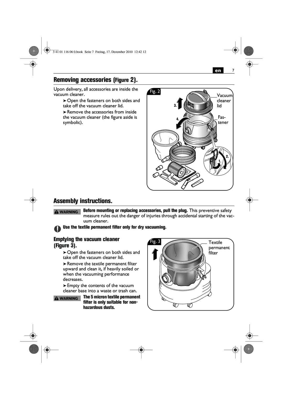 FEIN Power Tools 9 20 26, 9 20 25, 9 20 24 Removing accessories Figure, Assembly instructions, Emptying the vacuum cleaner 