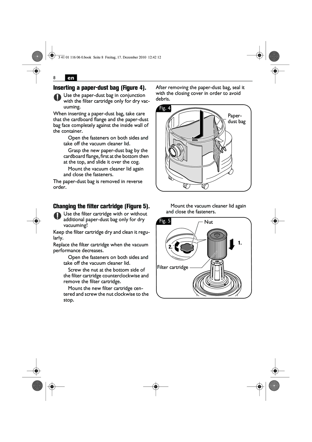 FEIN Power Tools 9 20 25, 9 20 26, 9 20 24 manual Inserting a paper-dust bag Figure, Changing the filter cartridge Figure 