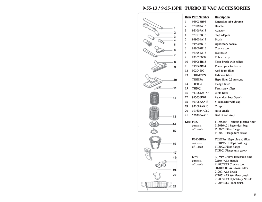 FEIN Power Tools manual 9-55-13 / 9-55-13PETURBO II VAC ACCESSORIES, Item Part Number, Description 
