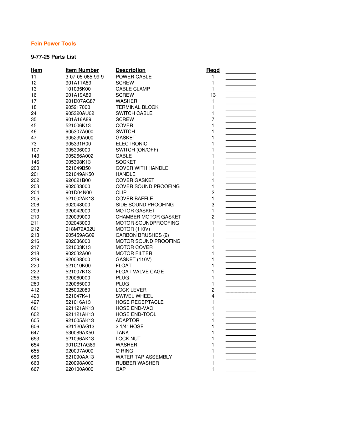 FEIN Power Tools 9-77-25 warranty Fein Power Tools, Parts List Item Number Description Reqd 