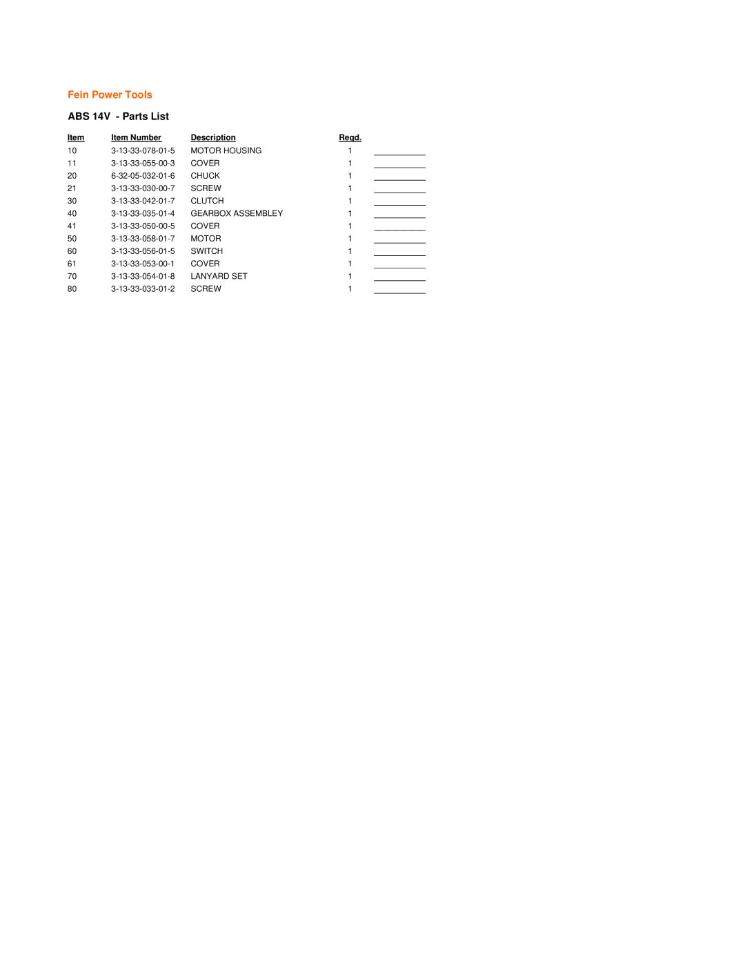 FEIN Power Tools warranty Fein Power Tools, ABS 14V Parts List, Item Number Description Reqd 