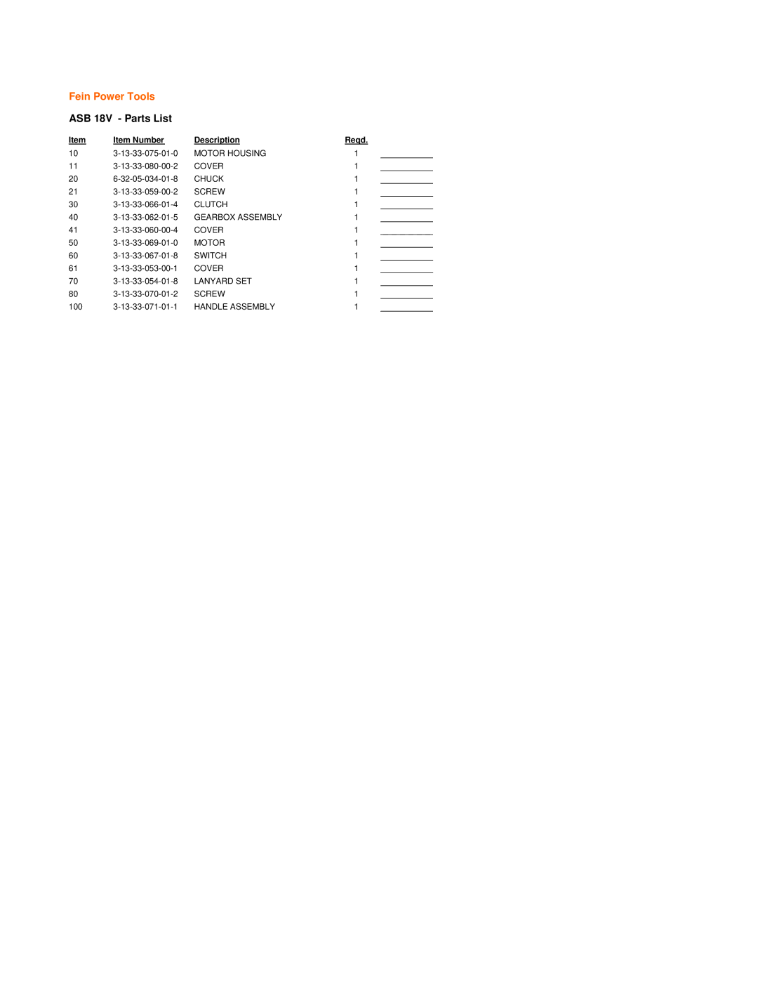 FEIN Power Tools warranty Fein Power Tools, ASB 18V Parts List, Item Number Description Reqd 