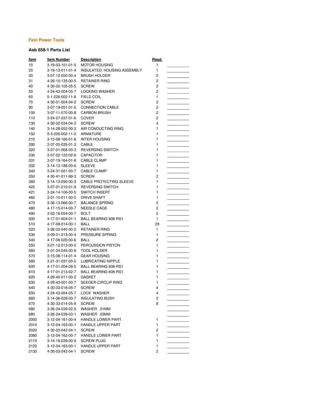 FEIN Power Tools ASB 658-1 warranty Fein Power Tools, Asb 658-1 Parts List, Item Number Description 