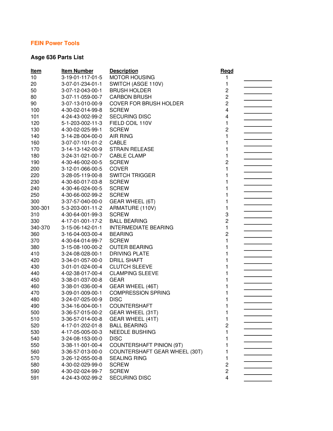 FEIN Power Tools ASge 636 warranty Fein Power Tools, Asge 636 Parts List, Item Number Description 