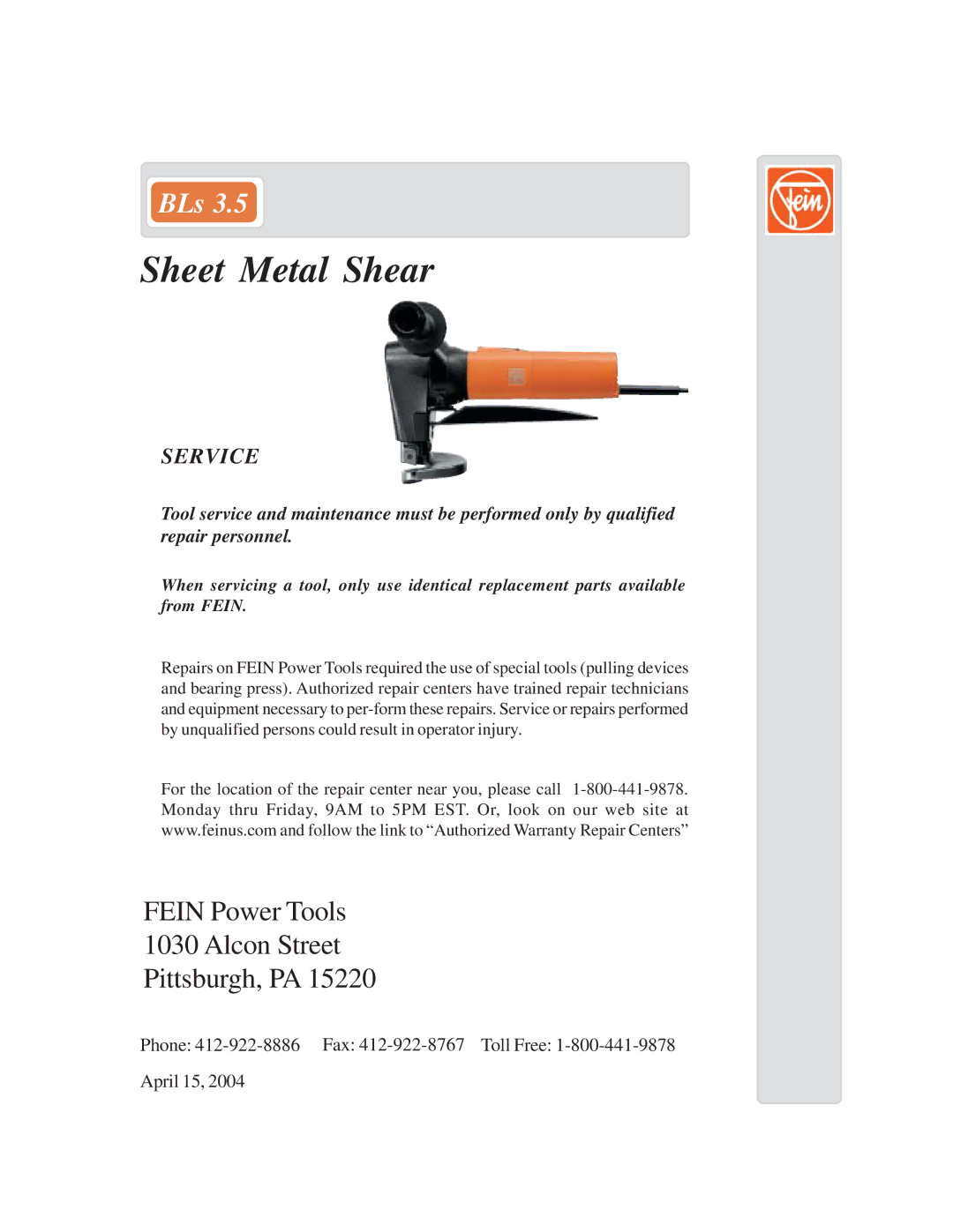 FEIN Power Tools BLs 3.5 warranty Sheet Metal Shear 