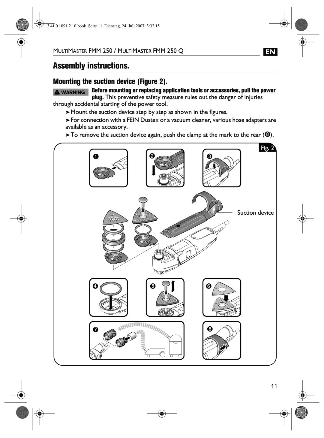 FEIN Power Tools FMM 250Q manual Assembly instructions, Mounting the suction device Figure 