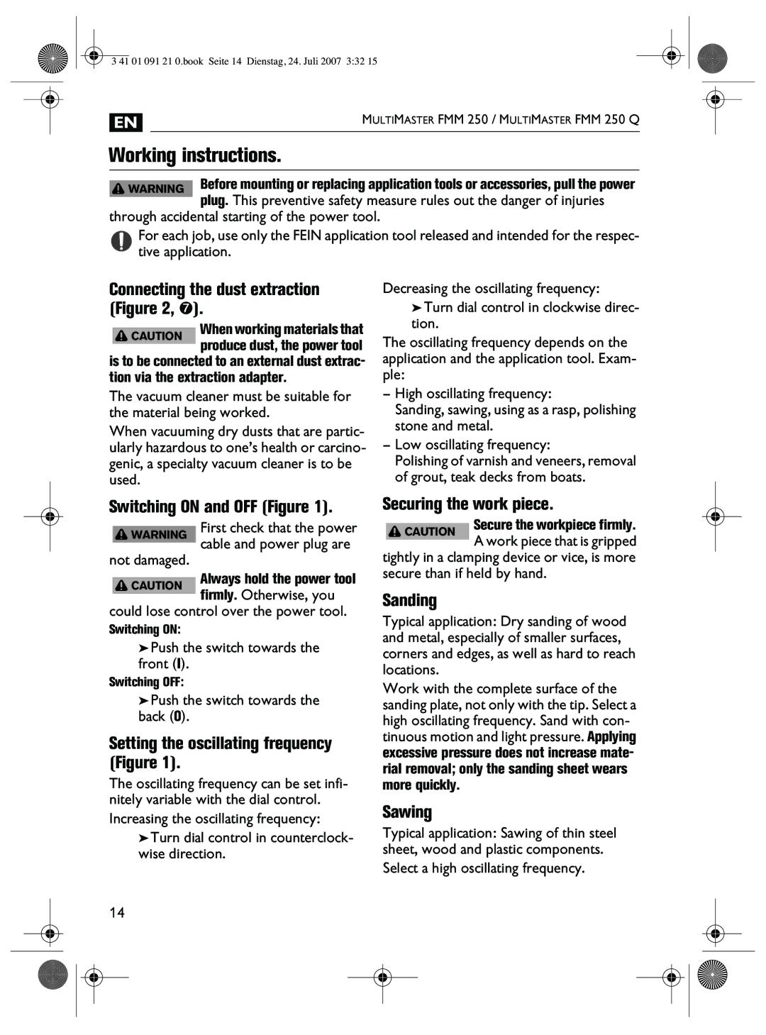 FEIN Power Tools FMM 250Q manual Working instructions 