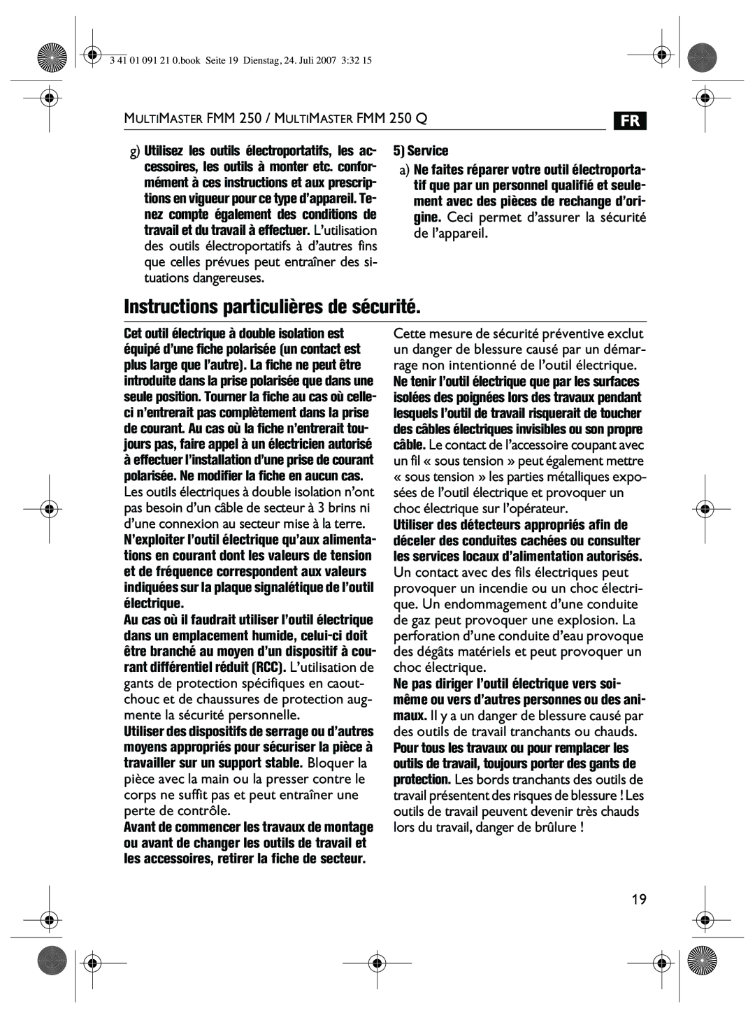 FEIN Power Tools FMM 250Q manual Instructions particulières de sécurité, 5Service 