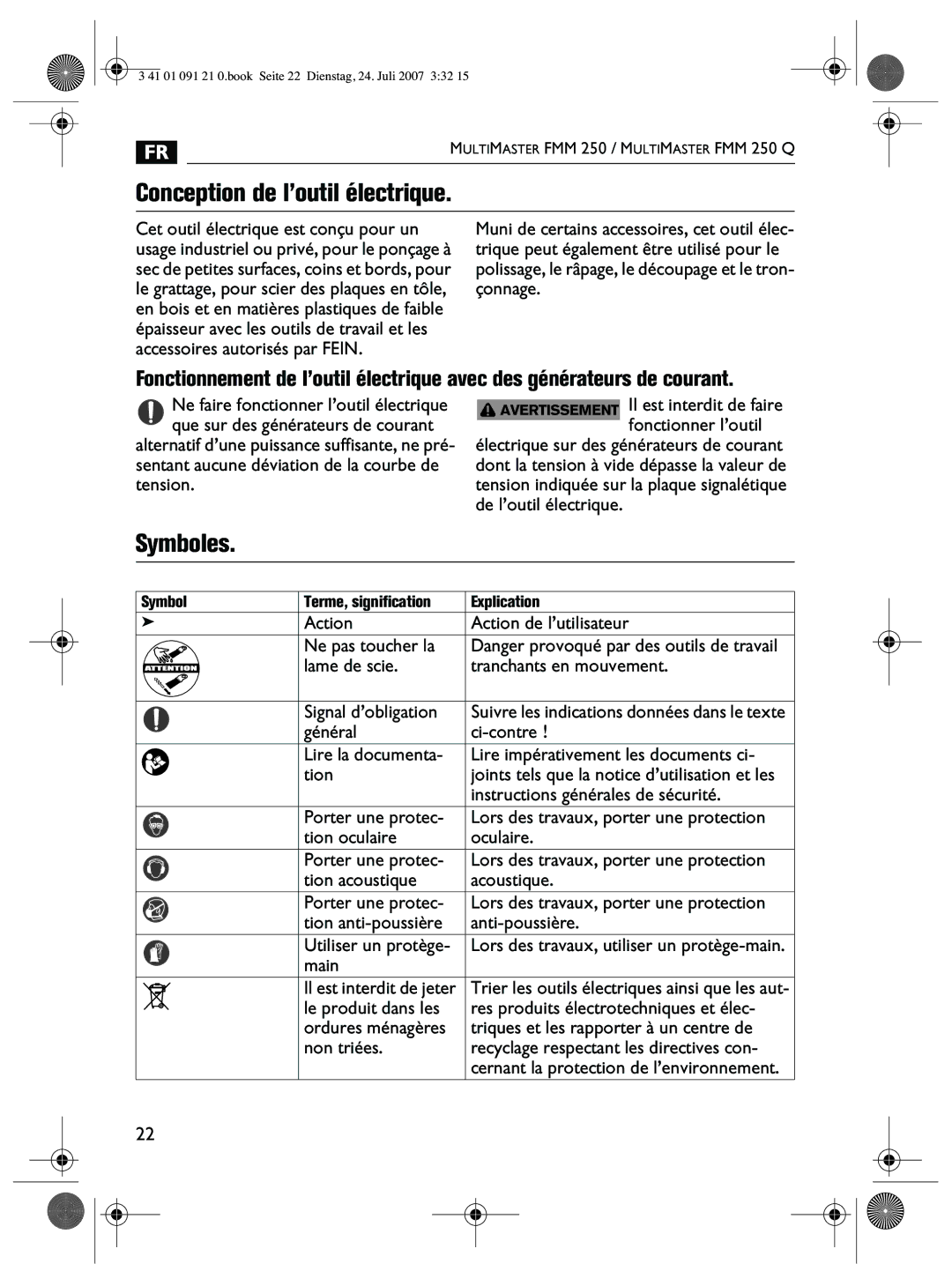 FEIN Power Tools FMM 250Q manual Conception de l’outil électrique, Symboles, Instructions générales de sécurité 