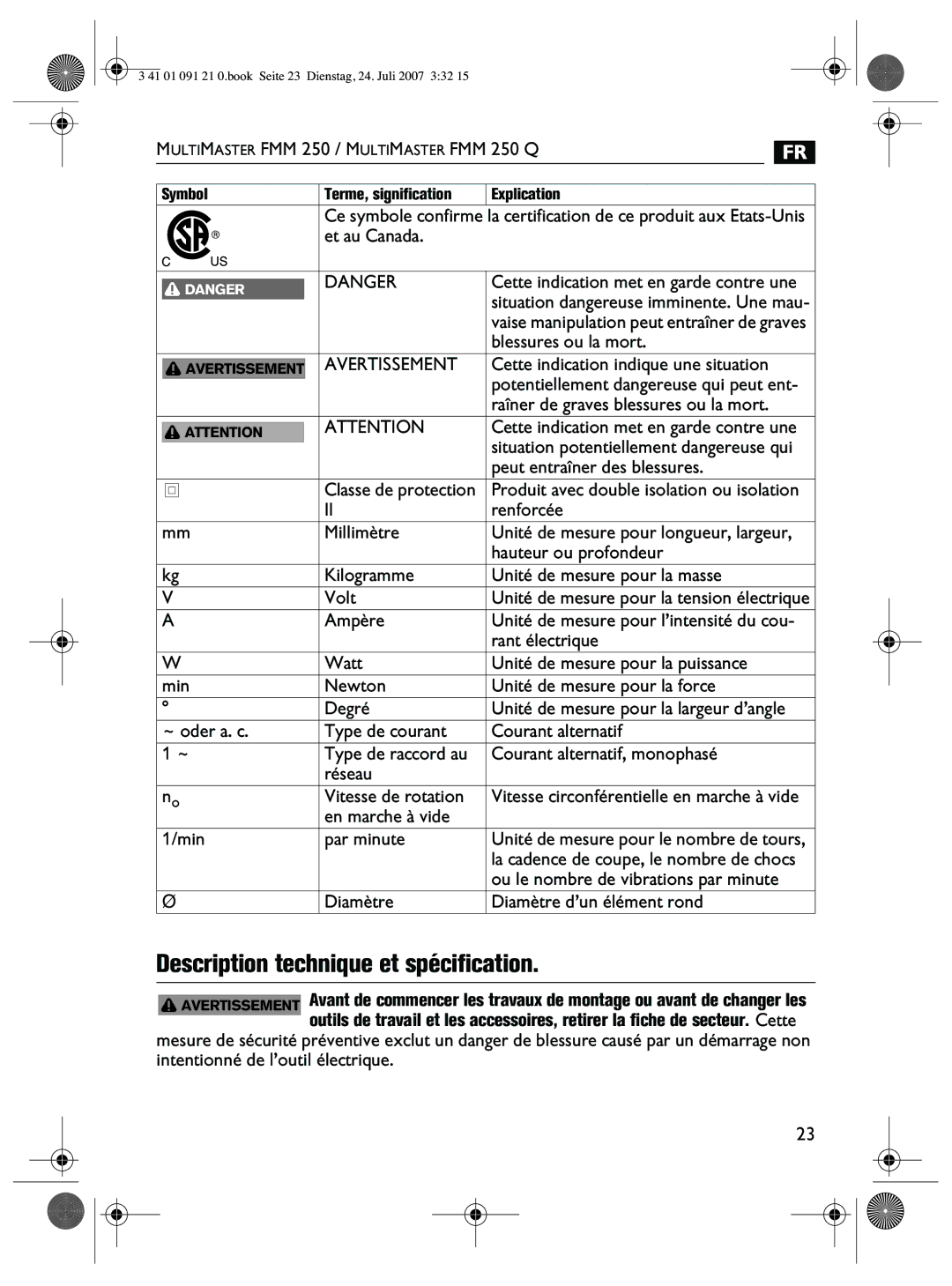 FEIN Power Tools FMM 250Q manual Description technique et spécification 