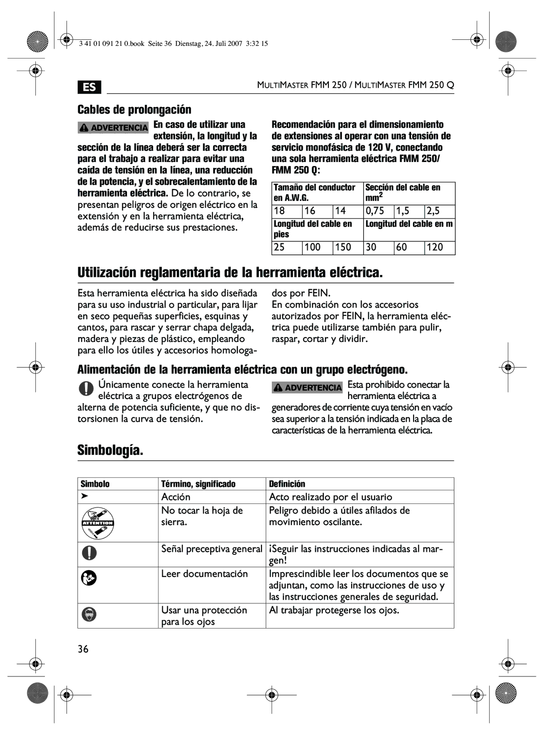 FEIN Power Tools FMM 250 Utilización reglamentaria de la herramienta eléctrica, Simbología, Cables de prolongación, Gen 
