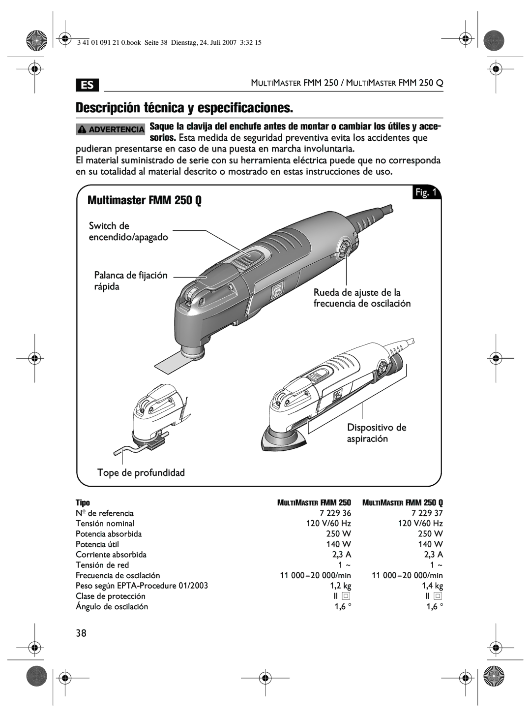 FEIN Power Tools FMM 250 Descripción técnica y especificaciones, Palanca de fijación rápida, Dispositivo de, Aspiración 