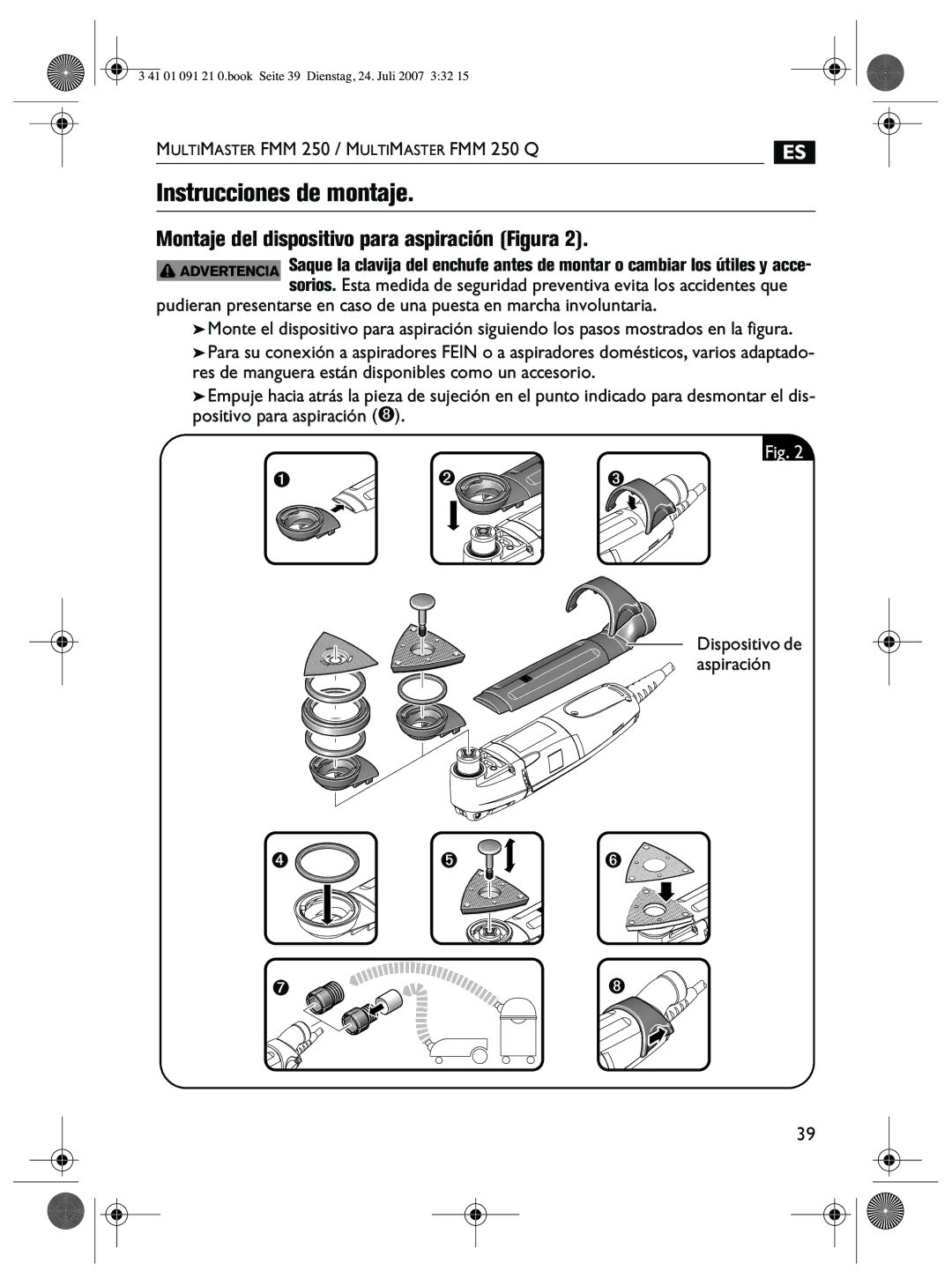 FEIN Power Tools FMM 250Q manual Instrucciones de montaje, Montaje del dispositivo para aspiración Figura 