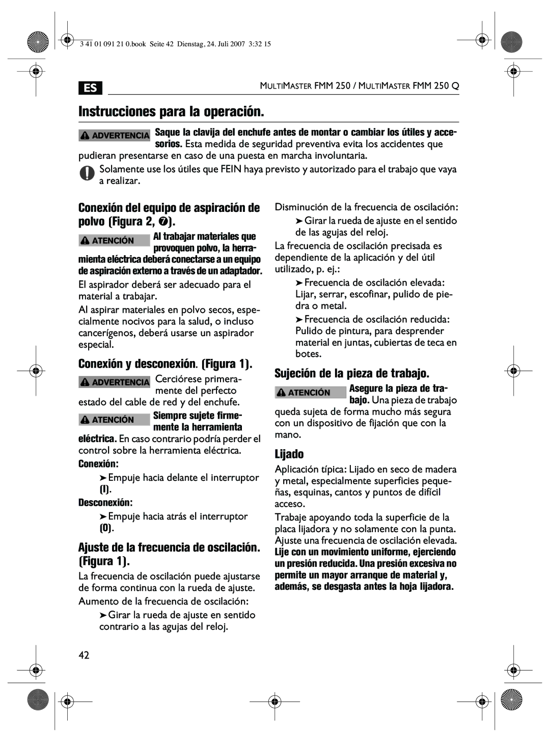 FEIN Power Tools FMM 250Q manual Instrucciones para la operación 